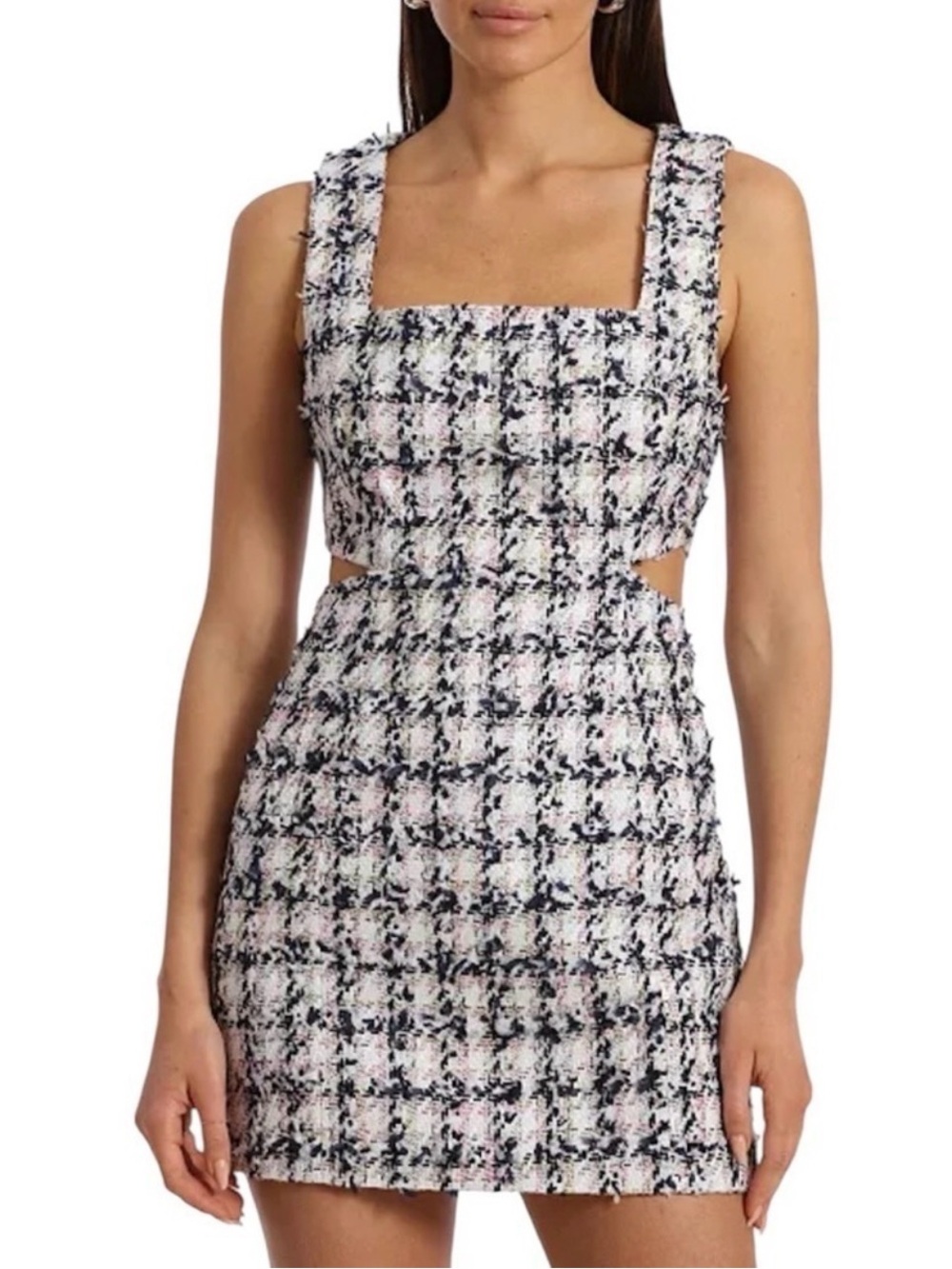 Avec Lea Filles Sleeveless Tweed Mini Side Cutout Dress in Navy & Pink